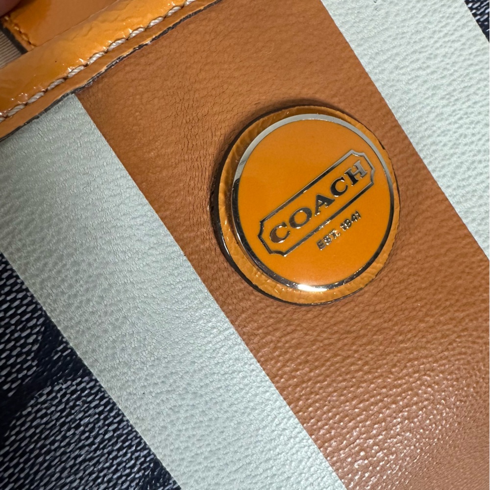 COACH Signature Coated Canvas Drawstring Carryall Bag Denim Blue & Orange Detail - Picture 4 of 14